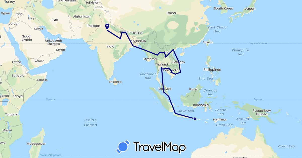 TravelMap itinerary: driving in Indonesia, India, Cambodia, Laos, Malaysia, Nepal, Singapore, Thailand, Vietnam (Asia)
